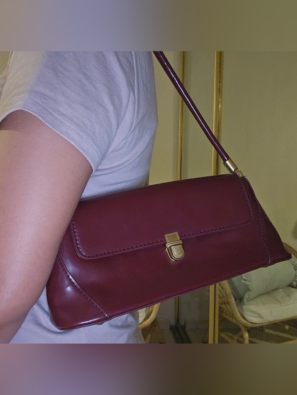 Classic Women's Shoulder Bag in Burgundy with Gold Hardware